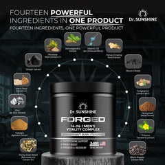 DR. SUNSHINE Forged 14-in-1 Shilajit capsules in hand support on-the-go energy.