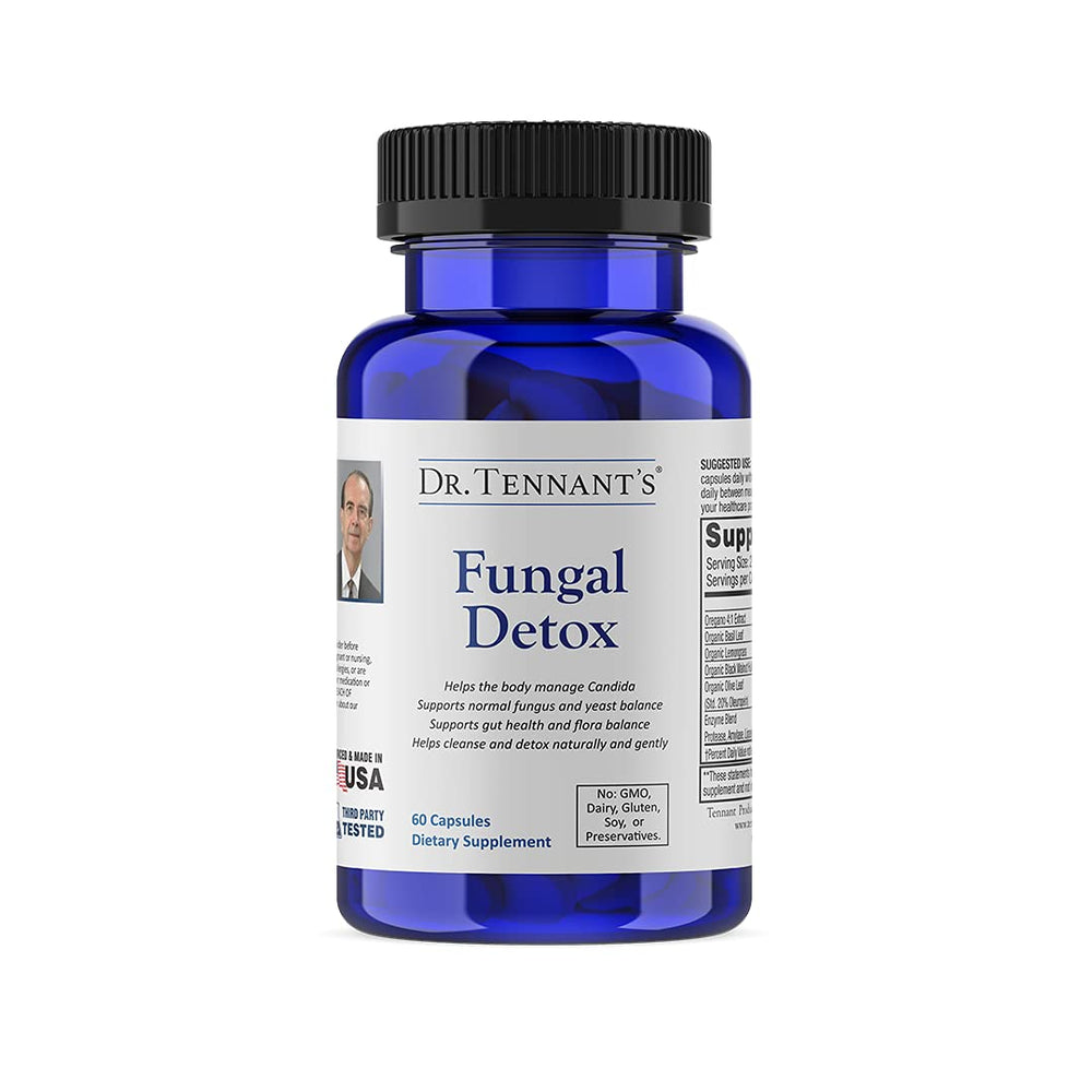 Dr. Tennant's Fungal Detox bottle on a clean surface signals daily wellness support.