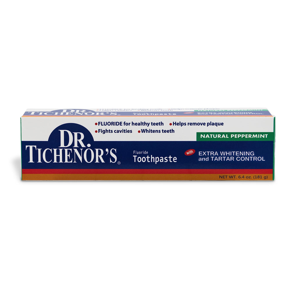 Back of Dr. Tichenor's toothpaste pack showing product details
