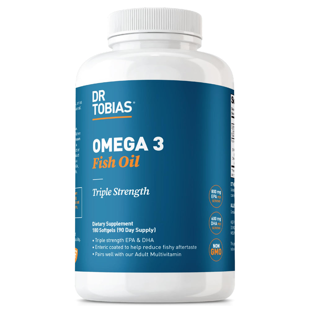 Dr. Tobias Omega-3 bottle front view with triple-strength formula for daily support