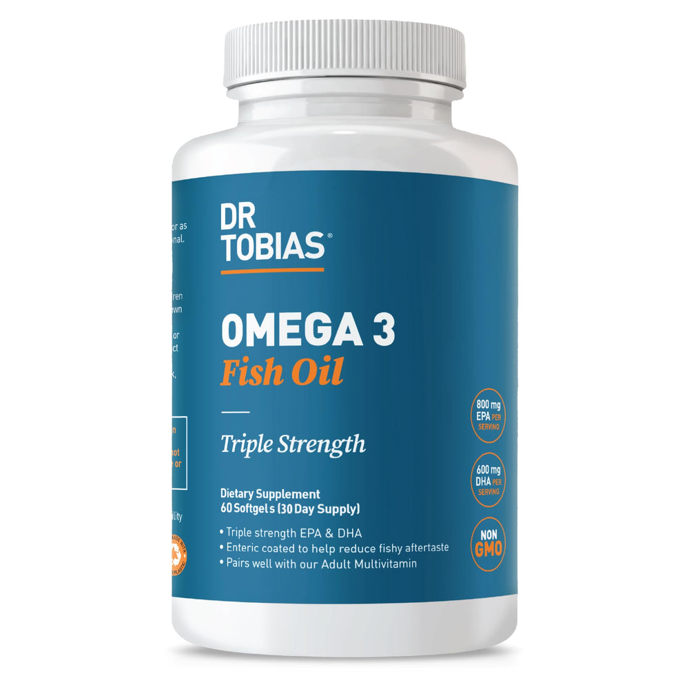Dr. Tobias Omega 3 triple-strength bottle with dosage information for daily support