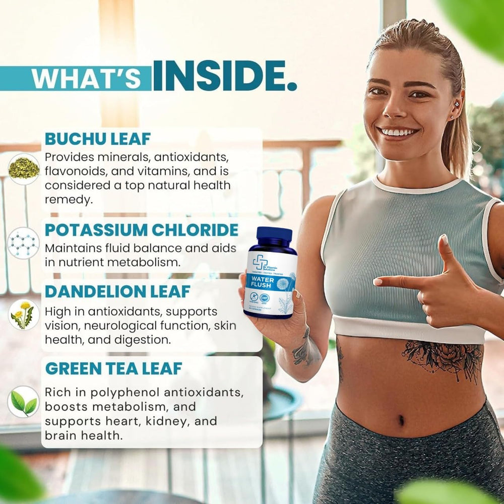 DR VITAMIN SOLUTIONS Water Flush bottle closeup label showcases caffeine-free, gentle daily use