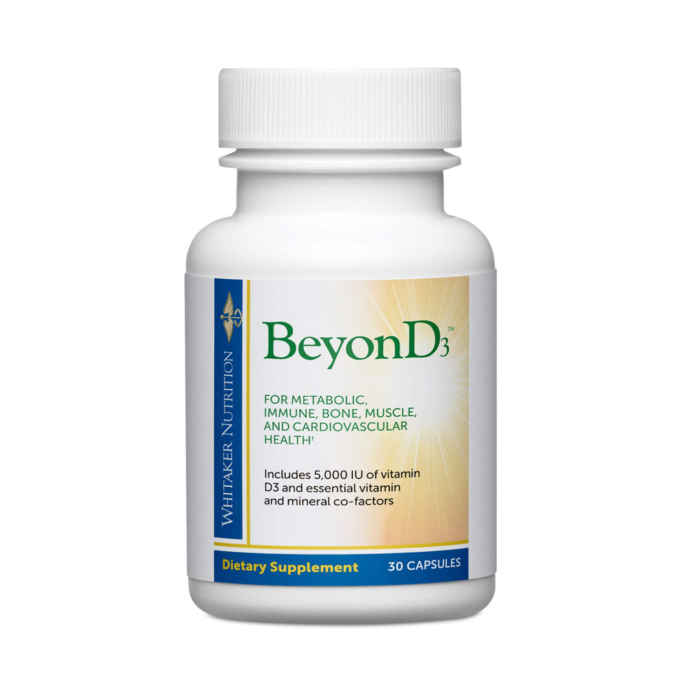 Bottle of Dr. Whitaker BeyonD3 featuring 5,000 IU vitamin D3 and co-factors