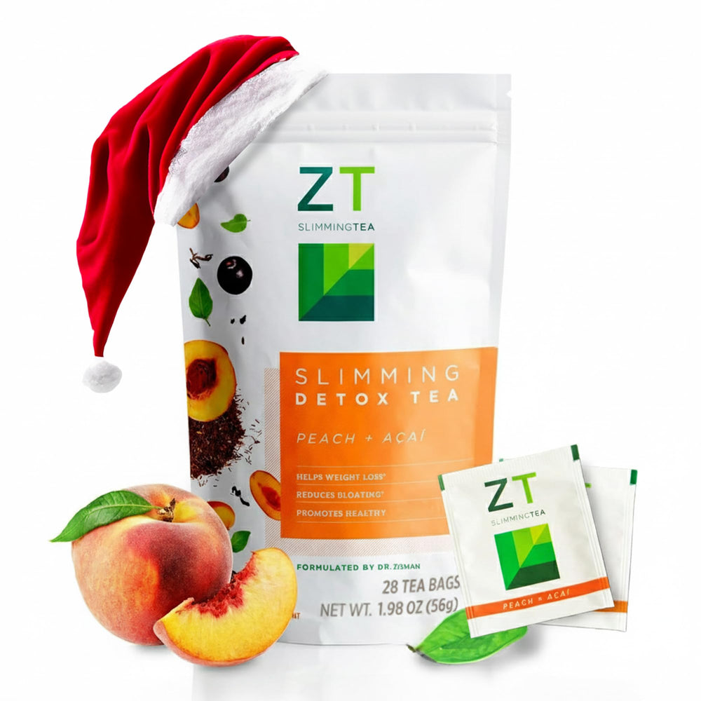 Dr. Zisman ZT Slimming Peach Tea bag steeping for a calming ritual.
