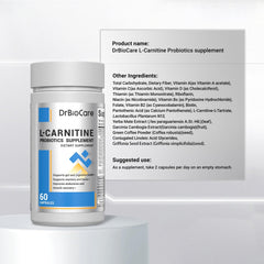 Front packaging and bottle of DrBioCare L-Carnitine Probiotics