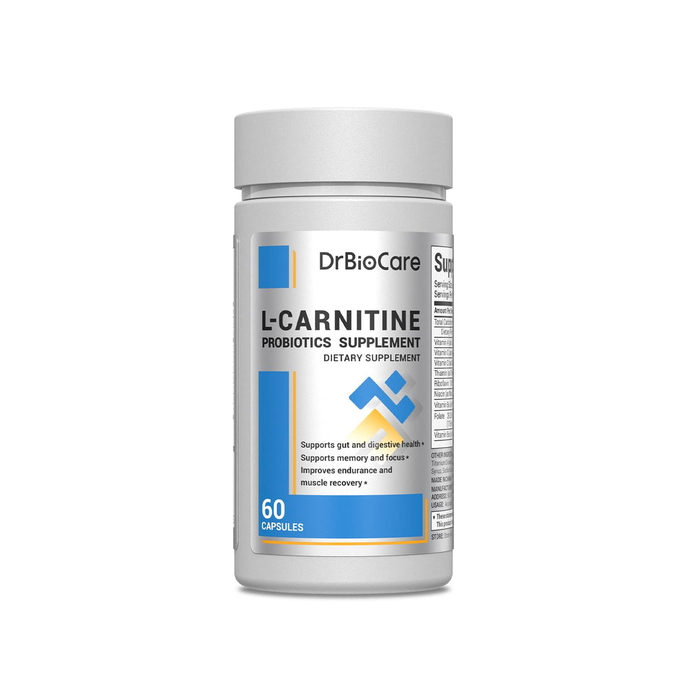 DrBioCare L-Carnitine Probiotics bottle showcases daily supplement for gut and focus support.