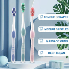 DR.BRIGHT Medium Toothbrush 6-pack - tongue scraper close-up