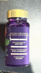 Dream Spell capsule beside herbal ingredients passionflower lemon balm hibiscus