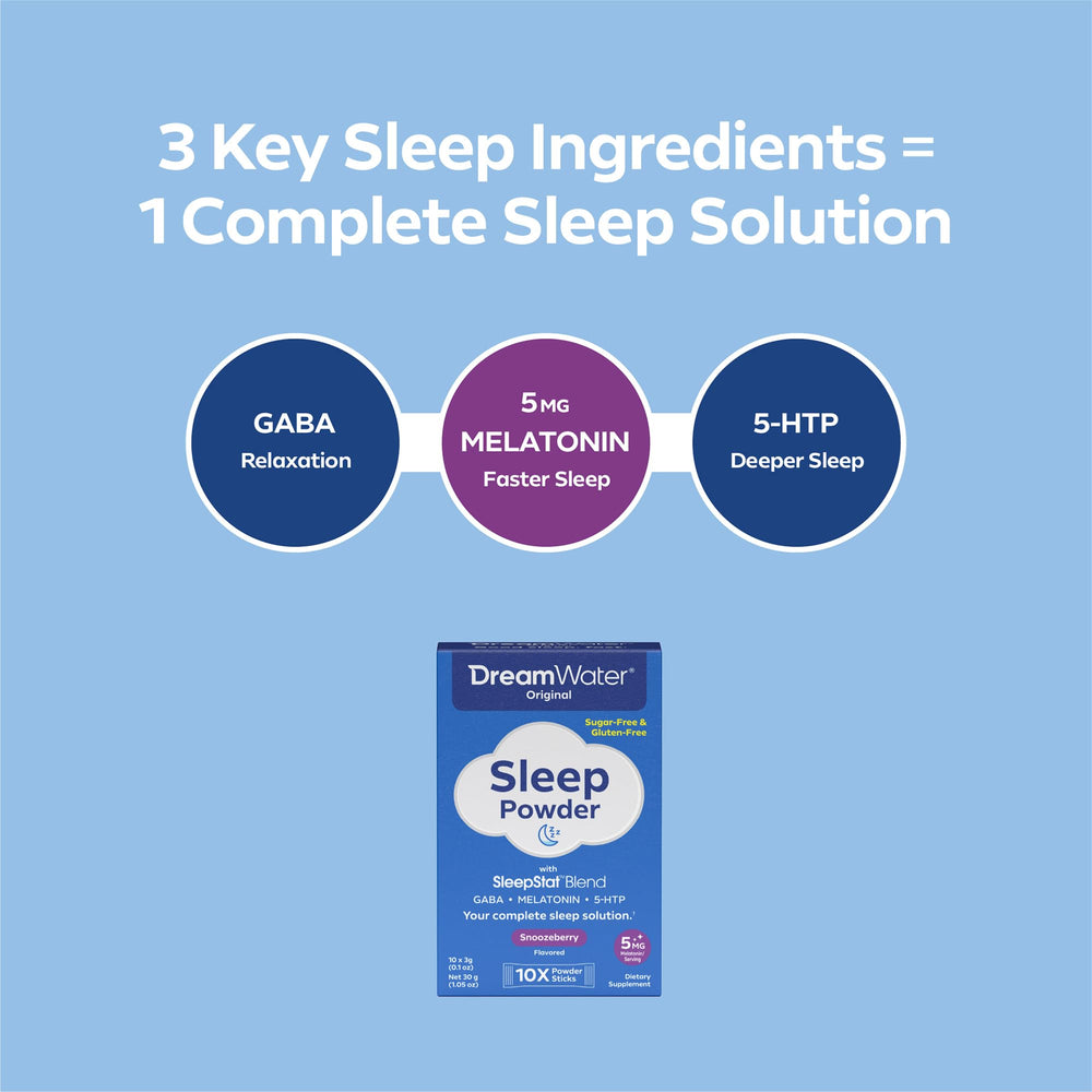 Close-up of Dream Water Sleep Powder sticks with GABA, melatonin and 5-HTP