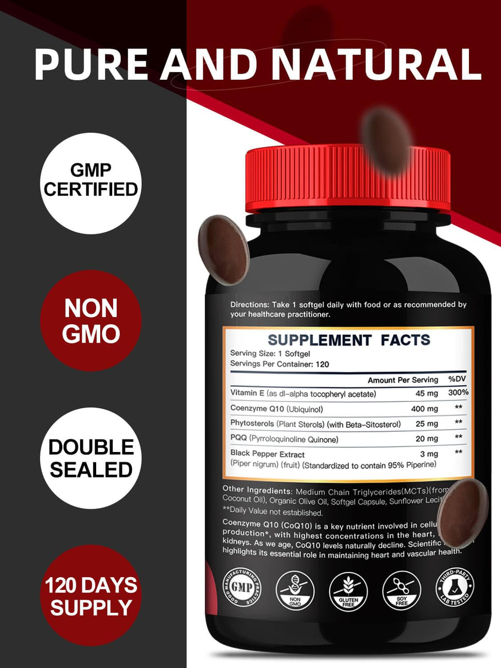 Ingredients highlight: Vitamin E, PQQ, Black Pepper in CoQ10 formula