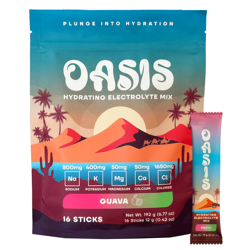 Drink Oasis guava electrolyte powder sticks for on-the-go hydration.