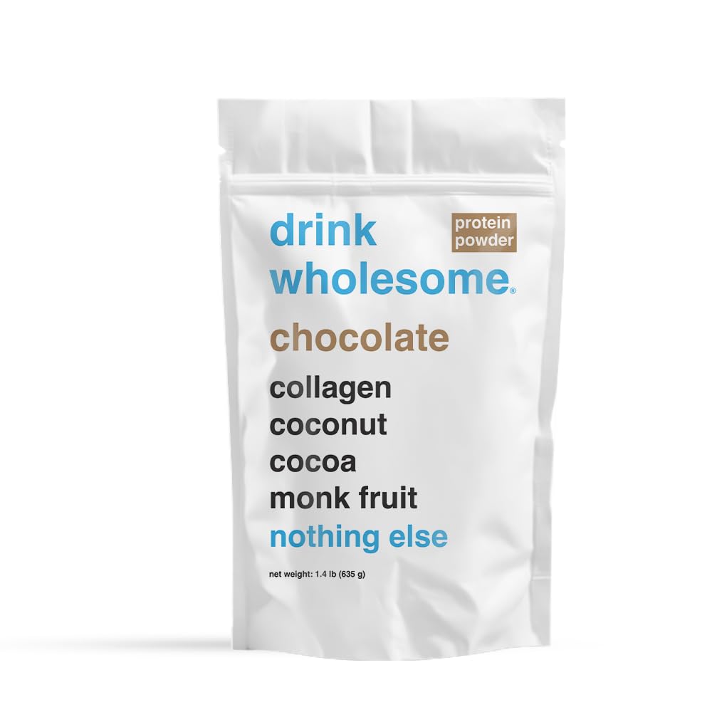 Drink Wholesome Chocolate Collagen Powder bottle for gentle digestion and daily protein support