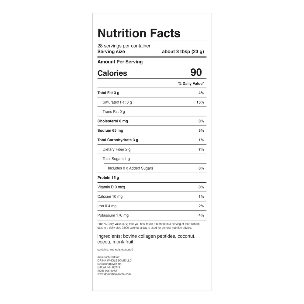 Drink Wholesome Chocolate Collagen Powder packaging emphasizing clean label and dairy-free promise