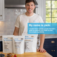 Close-up of dairy-free ingredients in Drink Wholesome formula for sensitive digestion