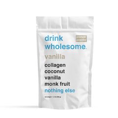 Drink Wholesome vanilla collagen powder canister for gut-friendly shakes