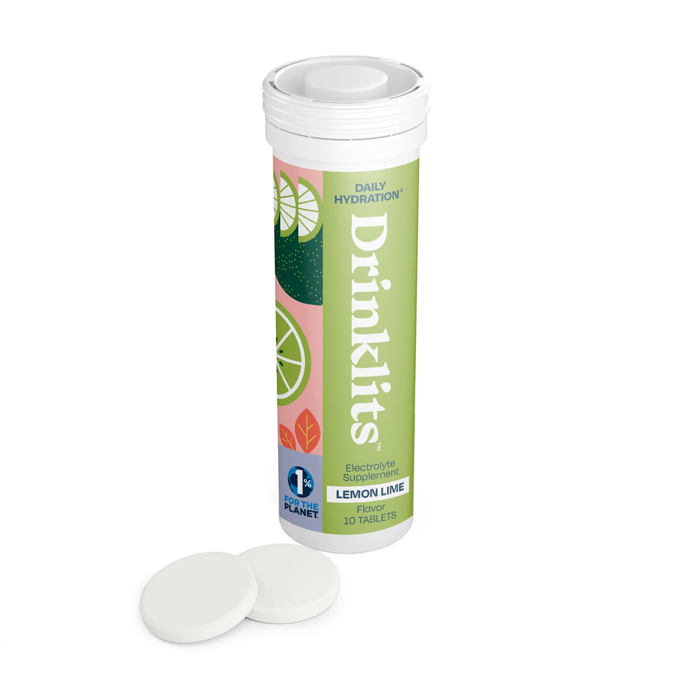 Drinklits Lemon Lime electrolyte bottle on counter for quick hydration.