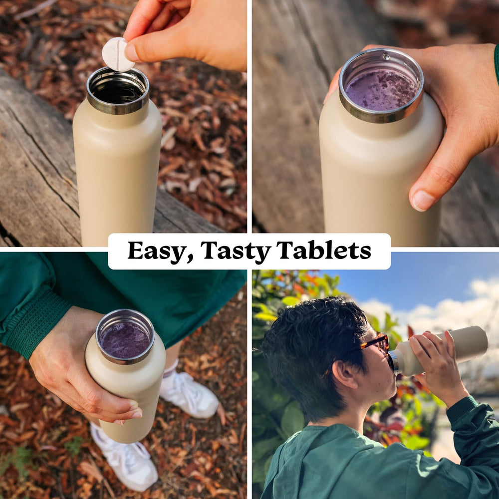 Drinklits usage-dispense image illustrating convenient dissolve in water for hydration on busy days.