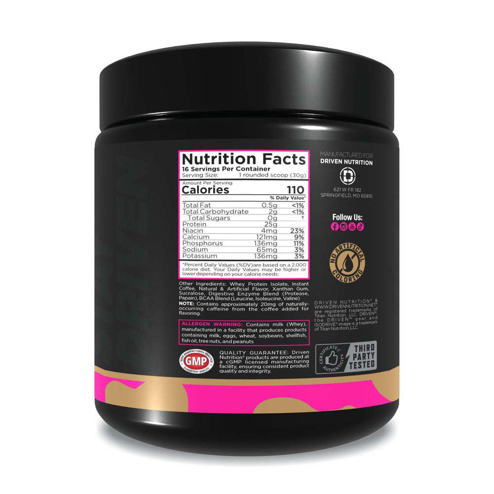 Creamy Cappuccino whey protein shake with ISODRIVE foam
