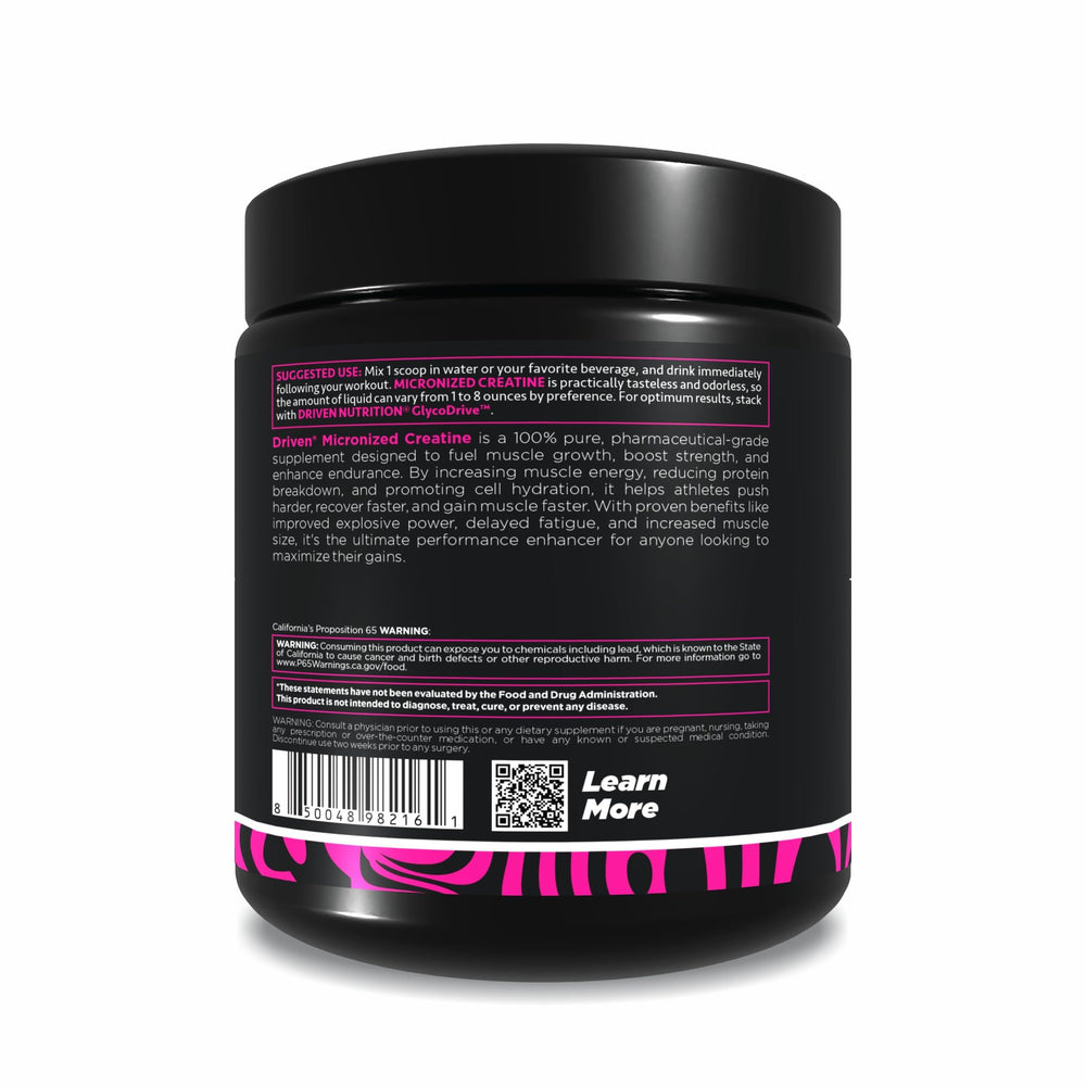 Back view of 500g packaging for Driven Nutrition Creatine Monohydrate