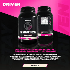 Driven Nutrition IsoDrive Vanilla bottle front highlights ultra-clean whey isolate