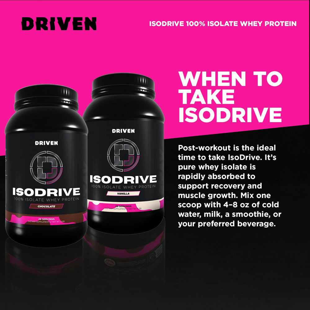 Driven Nutrition IsoDrive Vanilla label close-up suggests enzyme-enhanced absorption