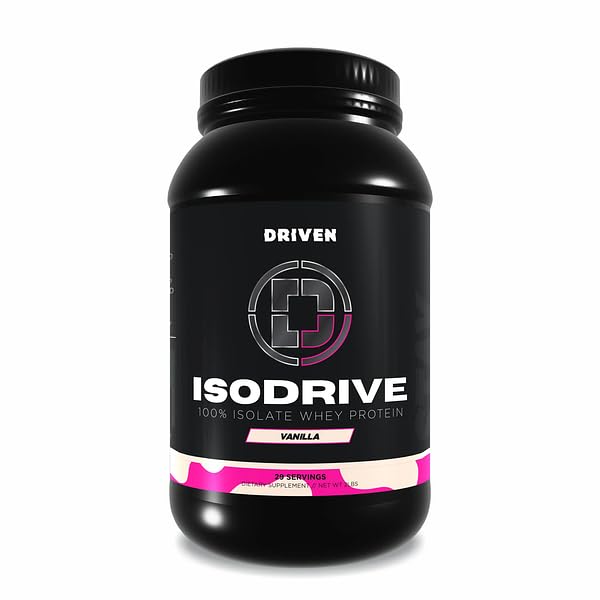 Driven Nutrition IsoDrive Vanilla powder scoop highlights fast protein delivery for lean muscle