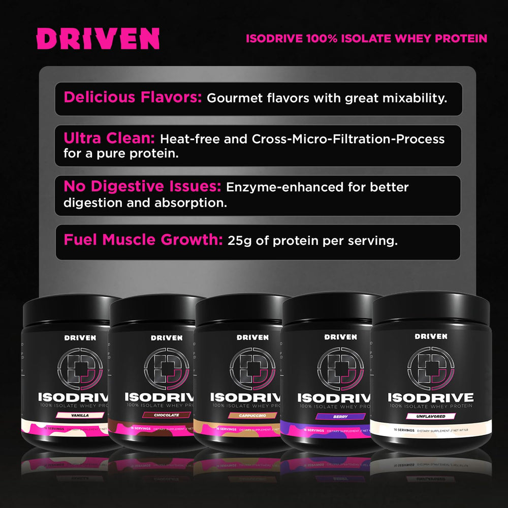 Driven Nutrition ISODRIVE vanilla shaker bottle for on-the-go fueling.