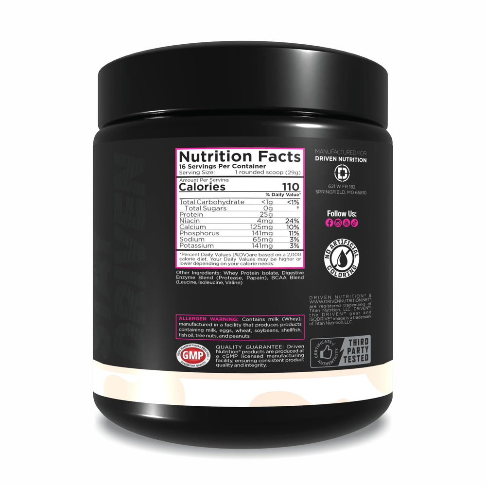 Driven Nutrition ISODRIVE nutrition facts panel highlighting lactose-free and high-protein features