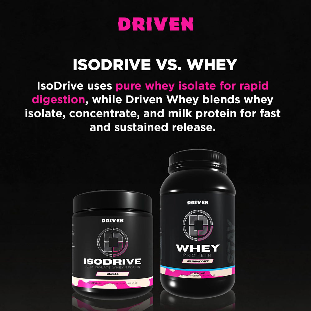 Driven Nutrition ISODRIVE vanilla whey isolate close-up shows rich creamy texture.
