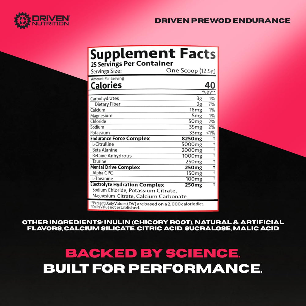 Driven PREWOD flavors blazin cherry and island charge in bottle display