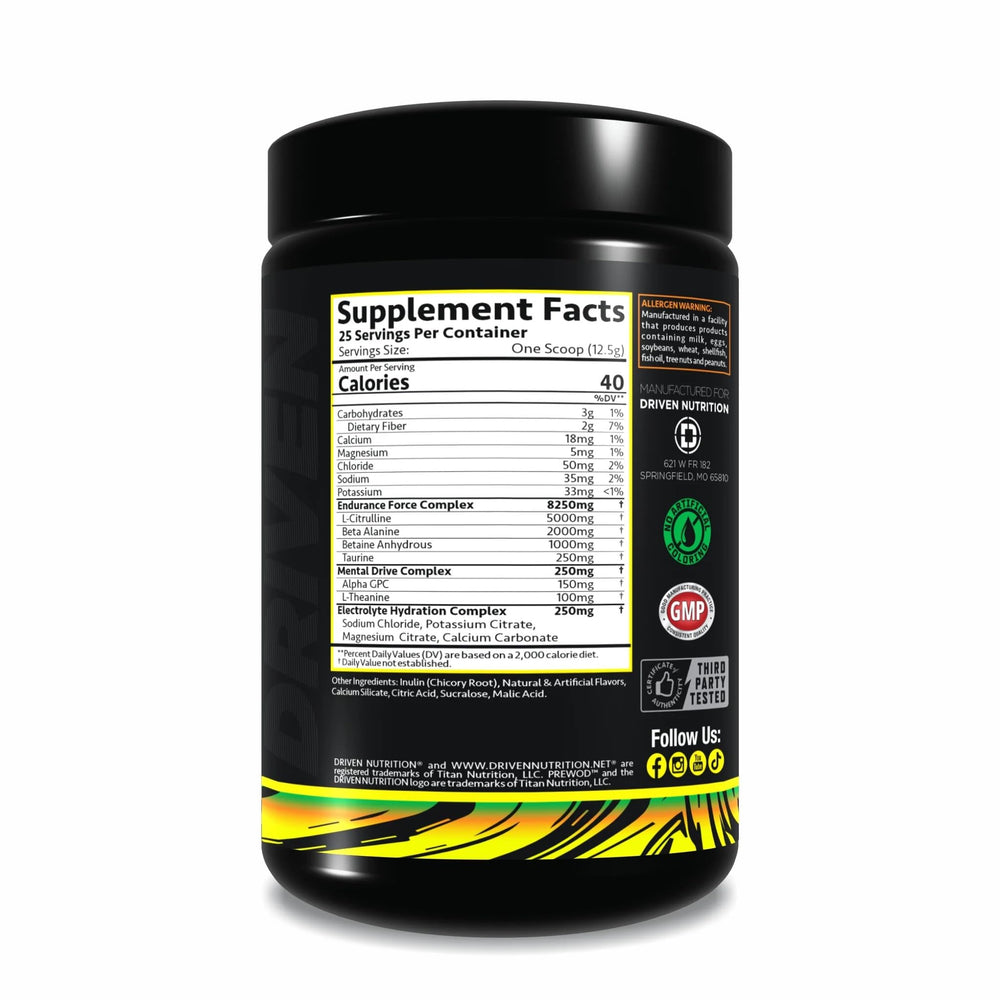 Driven PREWOD endurance complex powder emphasizes Taurine hydration for extended sessions