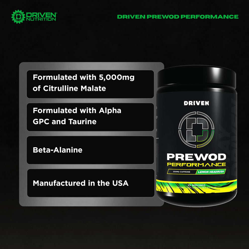 Driven Nutrition Pre WOD Island Charge bottle setup emphasizes stimulant-free endurance and hydration during training.