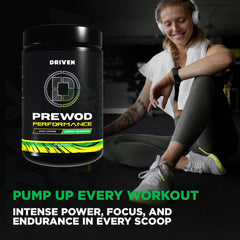 Driven Nutrition Pre WOD Peach Paradise powder-scoop showcases smooth texture and convenient pre-workout boost.