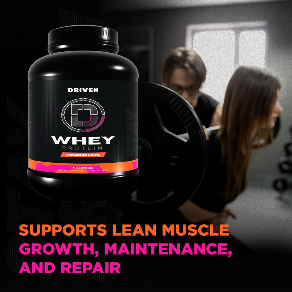 Driven WHEY label highlights added BCAAs and digestive enzymes for improved absorption