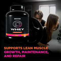 Driven WHEY label highlights added BCAAs and digestive enzymes for improved absorption