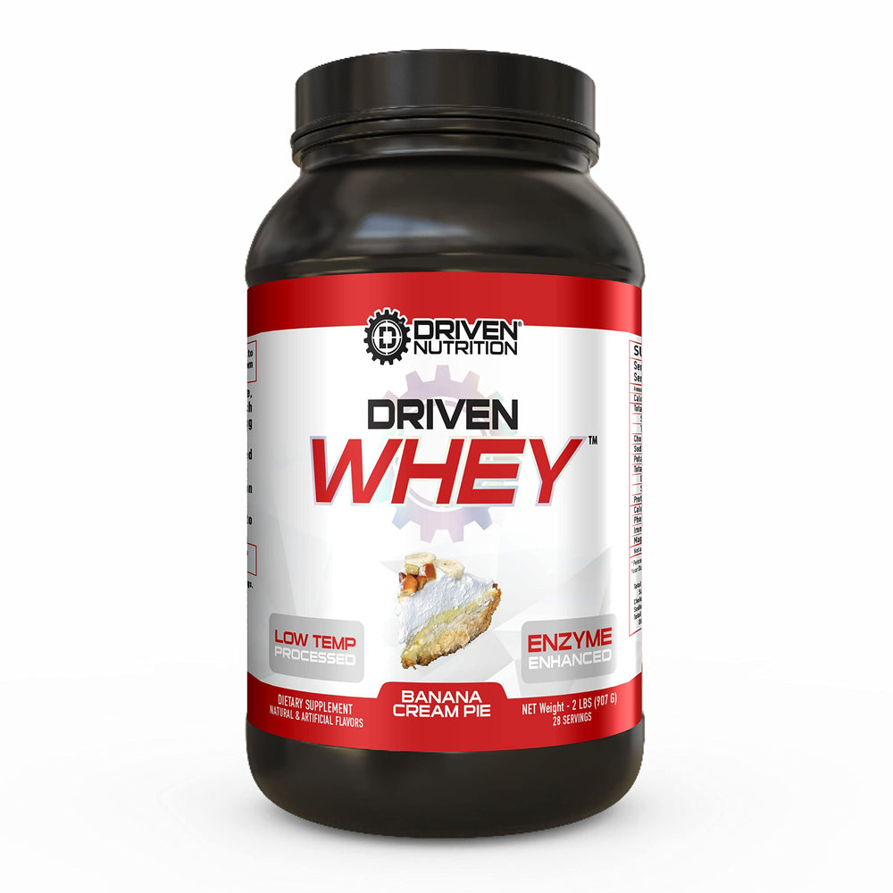 Driven WHEY banana pie tub shows grass-fed protein for post-workout recovery.
