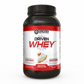 Driven WHEY banana pie tub shows grass-fed protein for post-workout recovery.