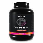 Driven WHEY tub front showcases grass-fed protein powder for post-workout recovery