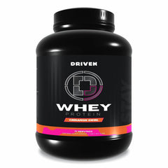Driven WHEY tub front showcases grass-fed protein powder for post-workout recovery