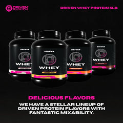 Driven Whey packaging closeup emphasizes brand quality and amino profile