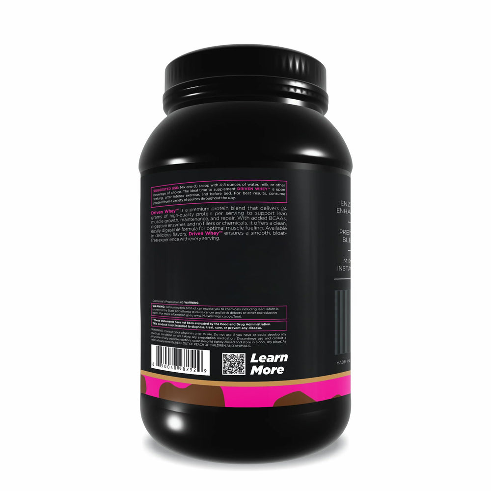 Driven WHEY digestive enzymes bottle highlights improved absorption for easier digestion after workouts