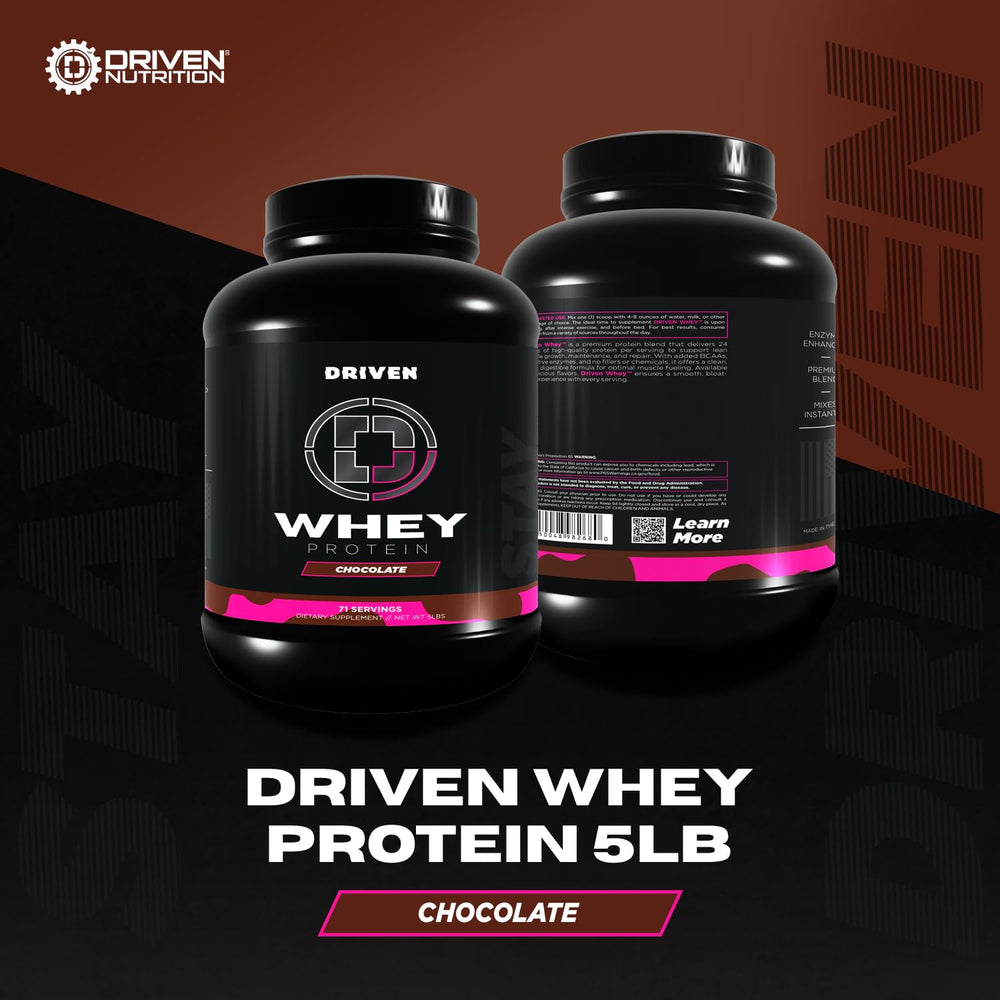 Driven Whey scoop dispensing highlights added BCAAs and digestion support.