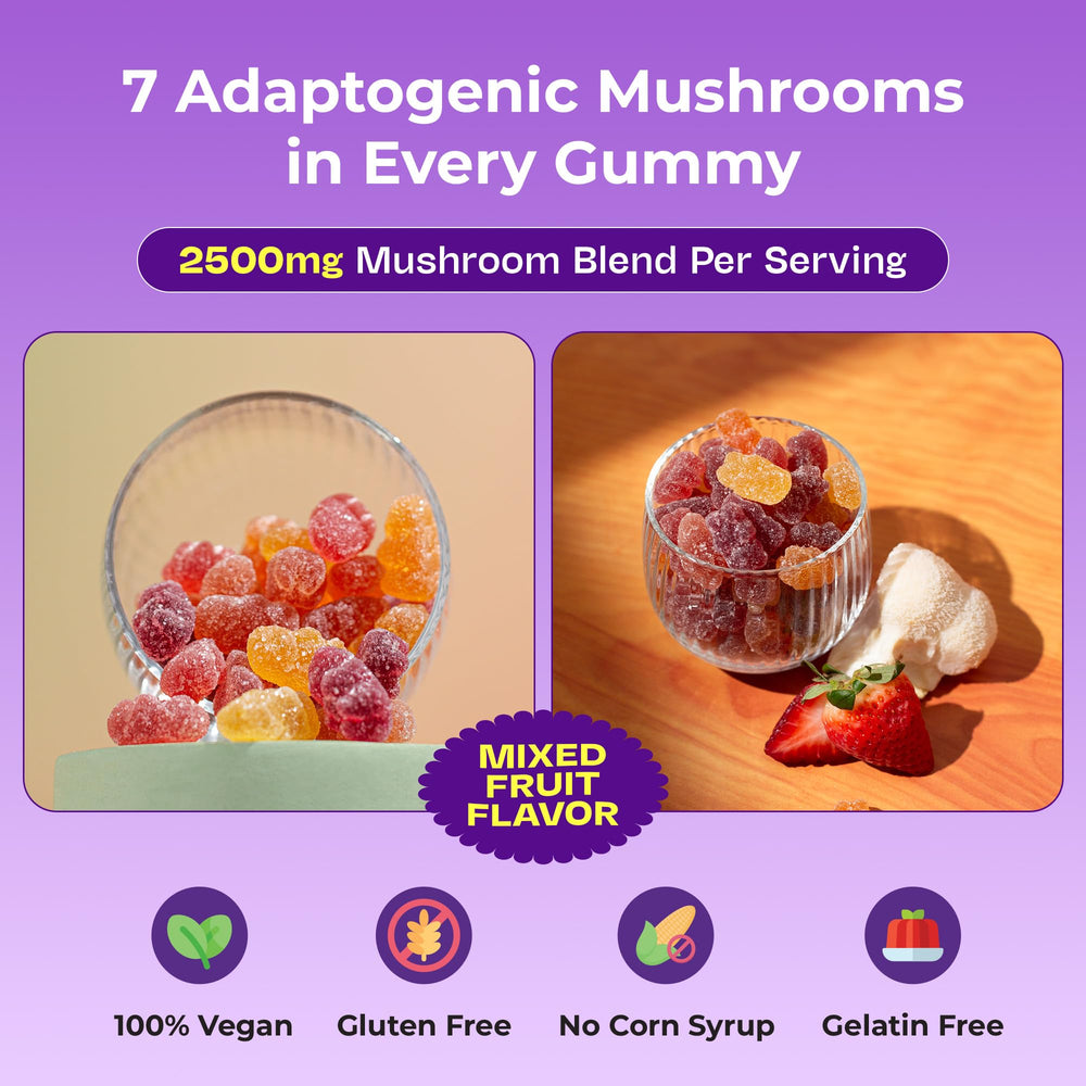 Drops Of Nature Ashwagandha Mushroom Gummies label emphasizes natural adaptogens.