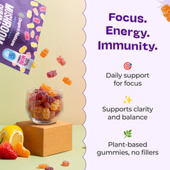 Drops Of Nature Seven Mushroom Blend ingredients panel shows broad plant-based nutrients.