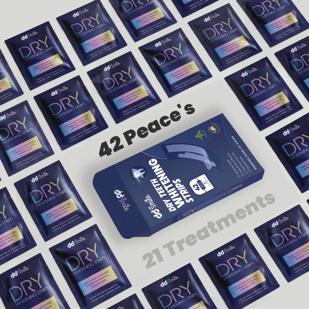 Instruction leaflet and 42 dry whitening strips included