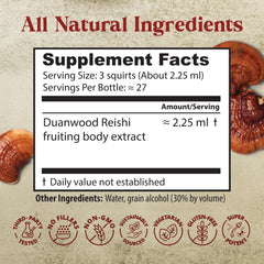 Product shot: 2 fl oz (60 mL) Duanwood Reishi Drops bottle on dark background