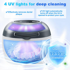 Cleaning chamber with dentures and mouth guard inside