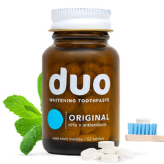 Hero image of Duo Toothpaste Tablets featuring nano-hydroxyapatite whitening and remineralization