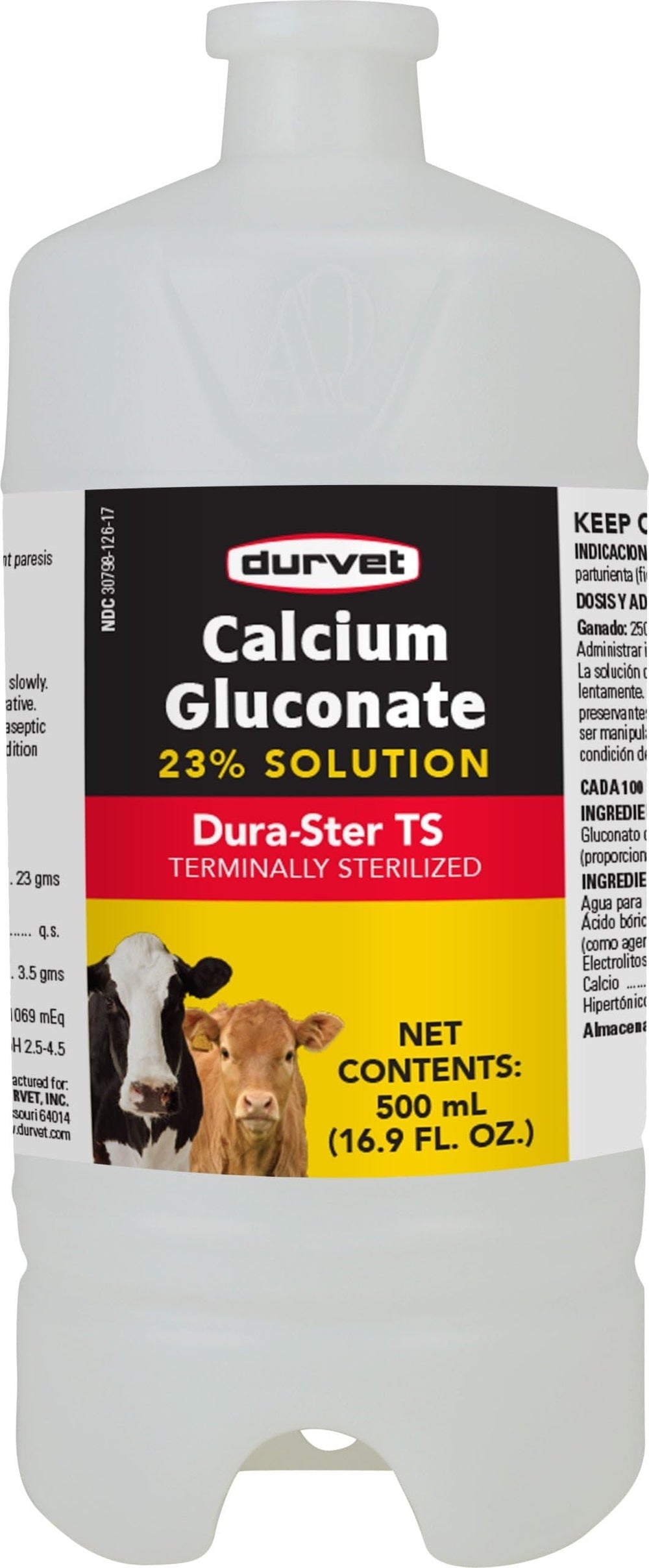 Durvet Calcium Gluconate 23% Solution bottle for cattle - 500 mL