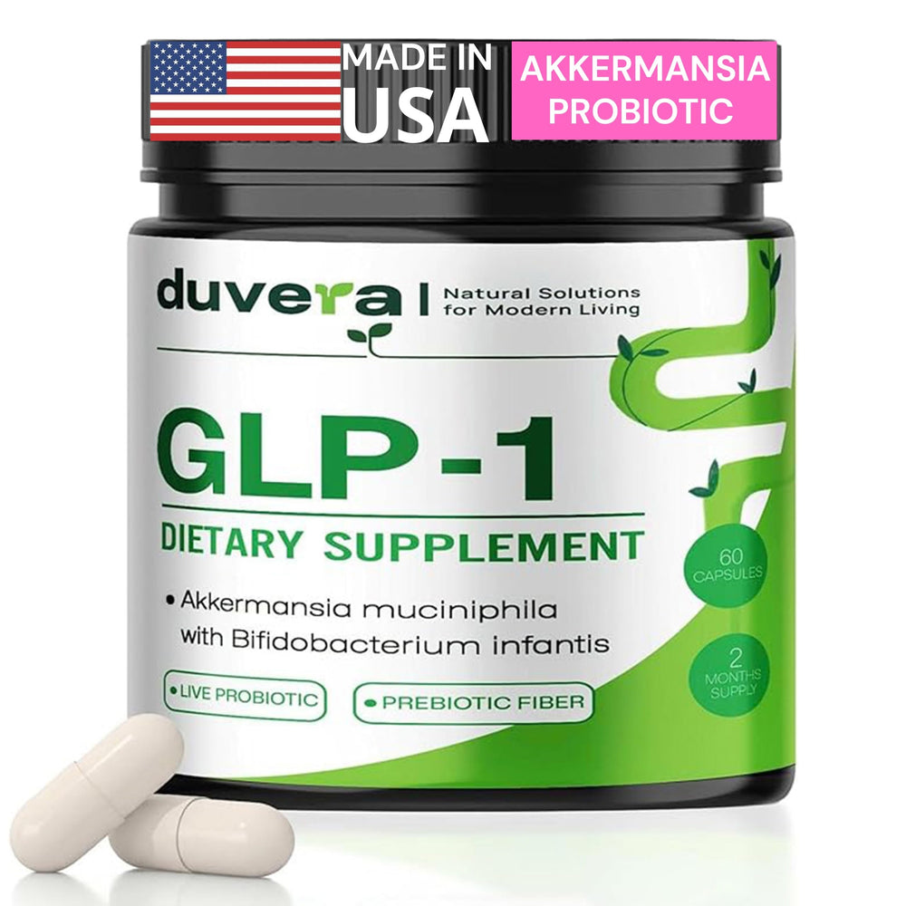 Duvera Akkermansia probiotic GLP-1 bottle supports gut balance and metabolic health